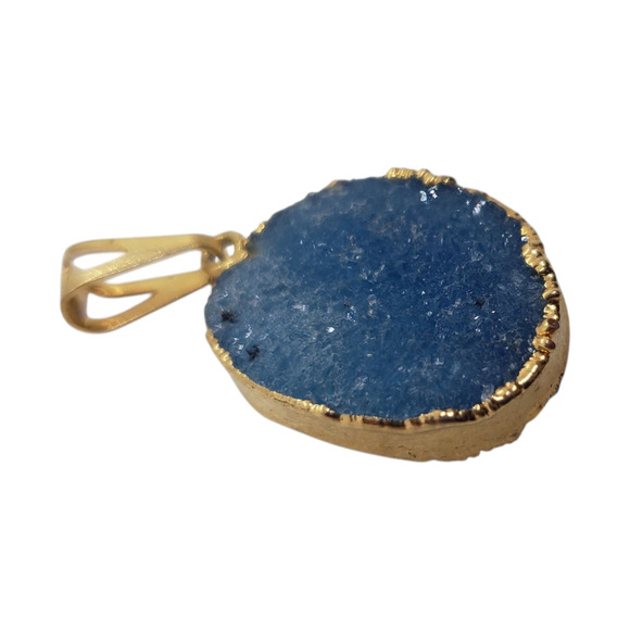 Blue Agate Druzy Slice Pendant Dipped in Real Gold Oval Natural Gemstone - Picture 2 of 9